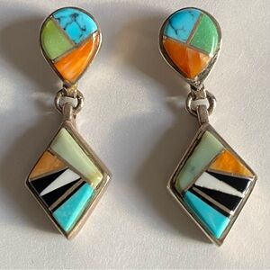 Signed B.G. Mudd Zuni Sterling Silver Inlayed Drop Earrings.